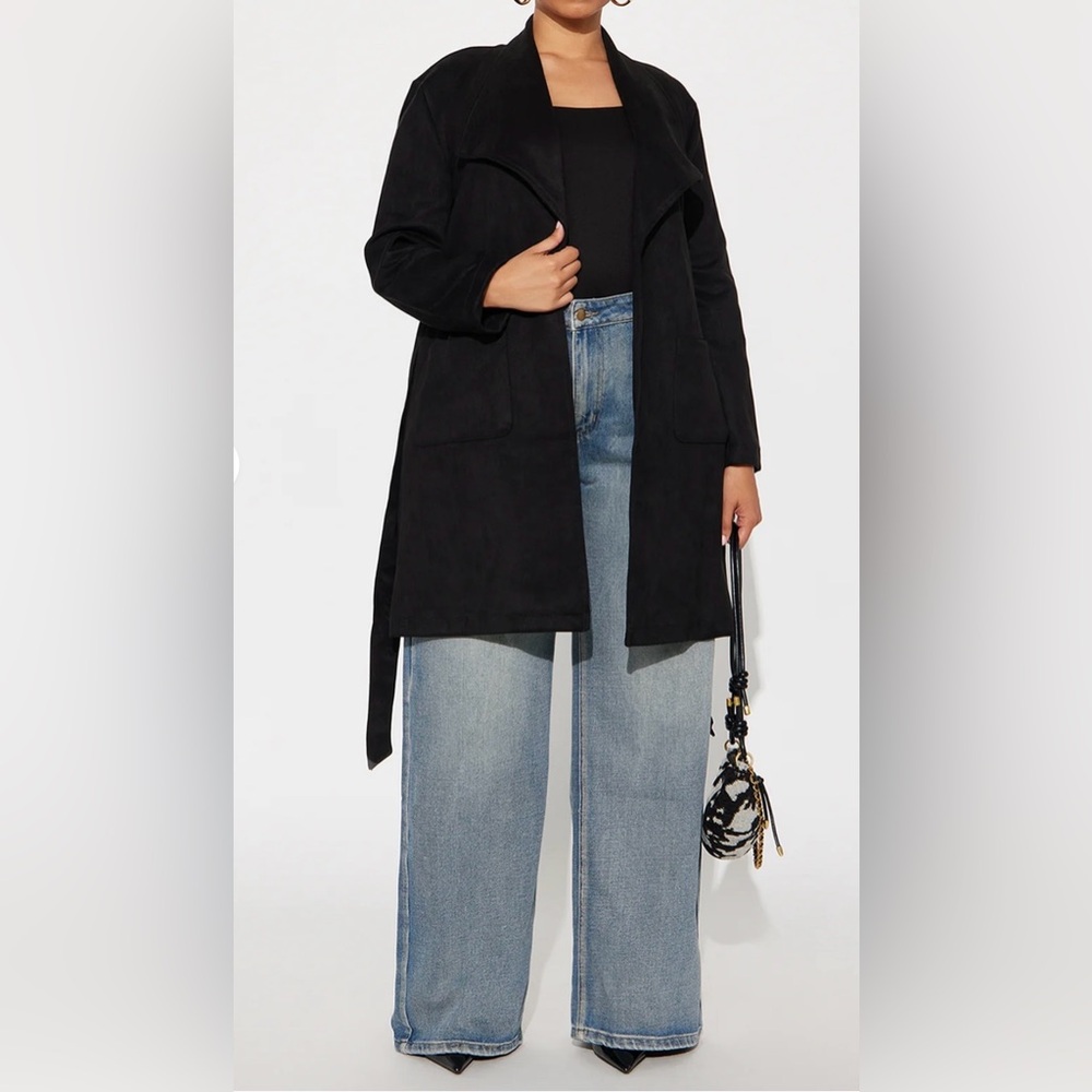 Chic Black Women's Faux Suede Trench Coat